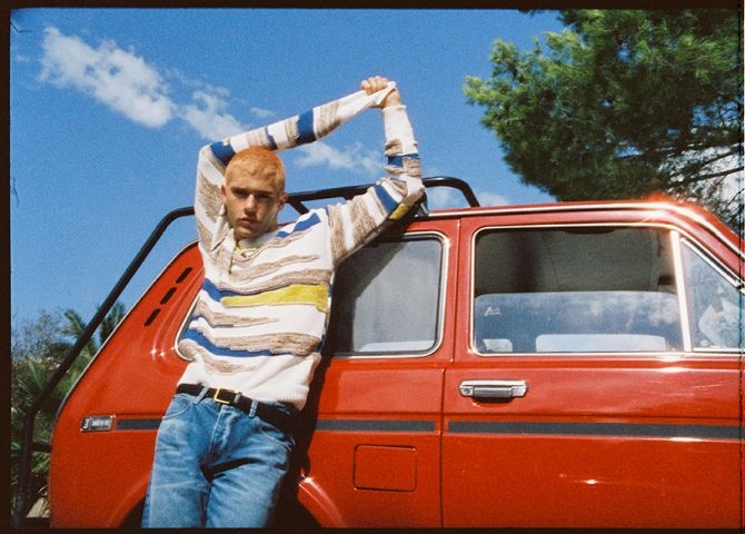 Scotch and Soda ULAC Menswear Pebbled Sweater & Jeans with Red Car